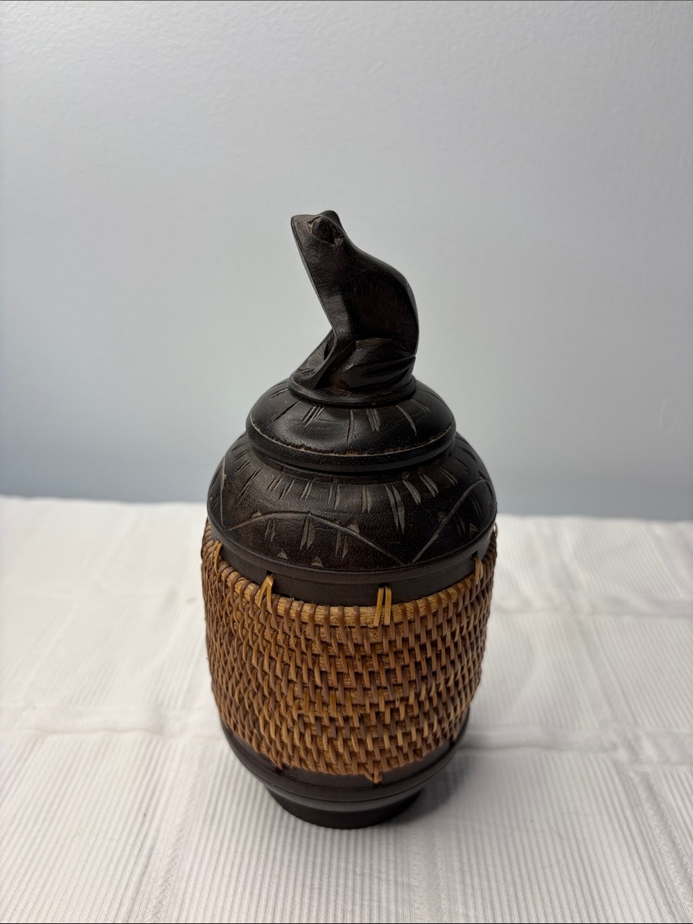 Handcrafted Brown & Tan Woven Frog-Top Decorative Jar Trinket Made in Indonesia